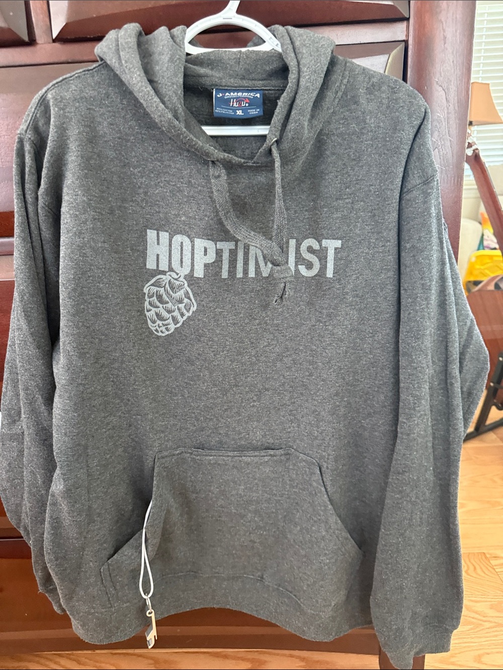 HOPTIMIST Gray Men's Hoodie Sweater with Insulated Pocket and Bottle Opener